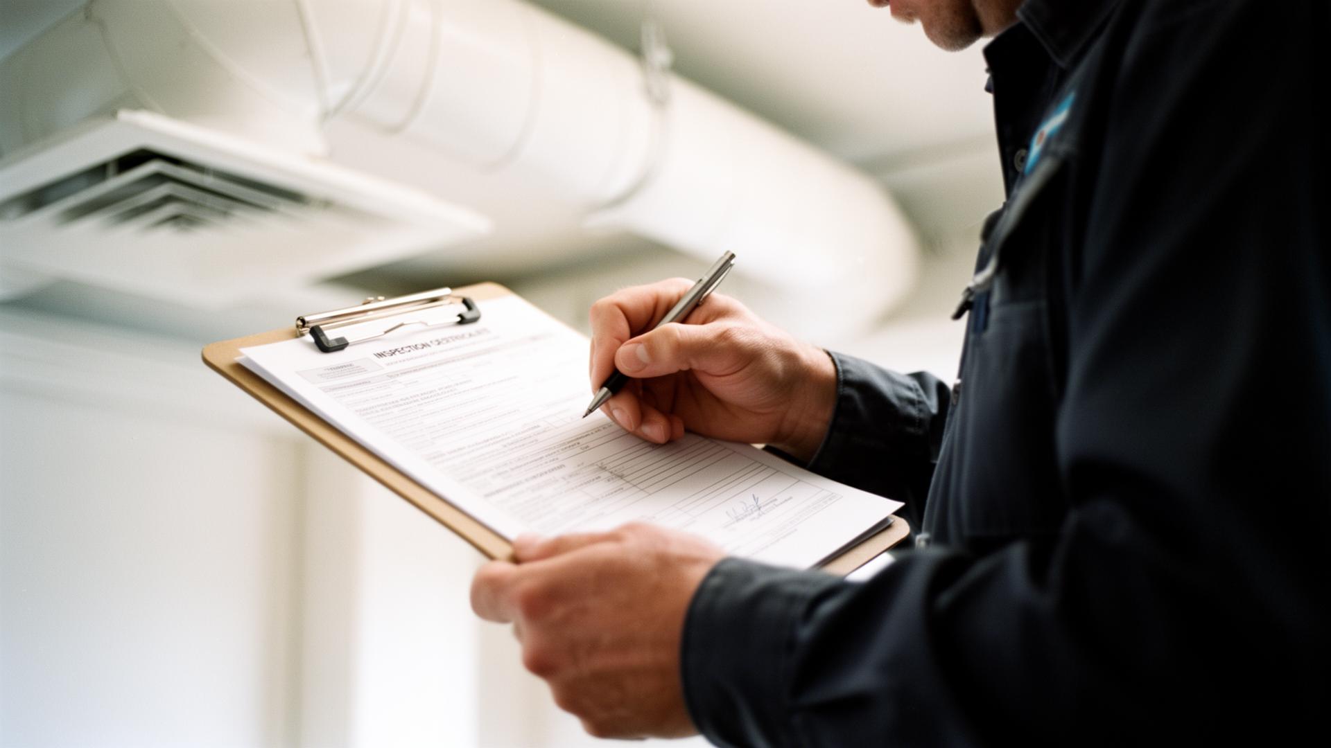 Tekniker signerar intyg under ventilationskanal